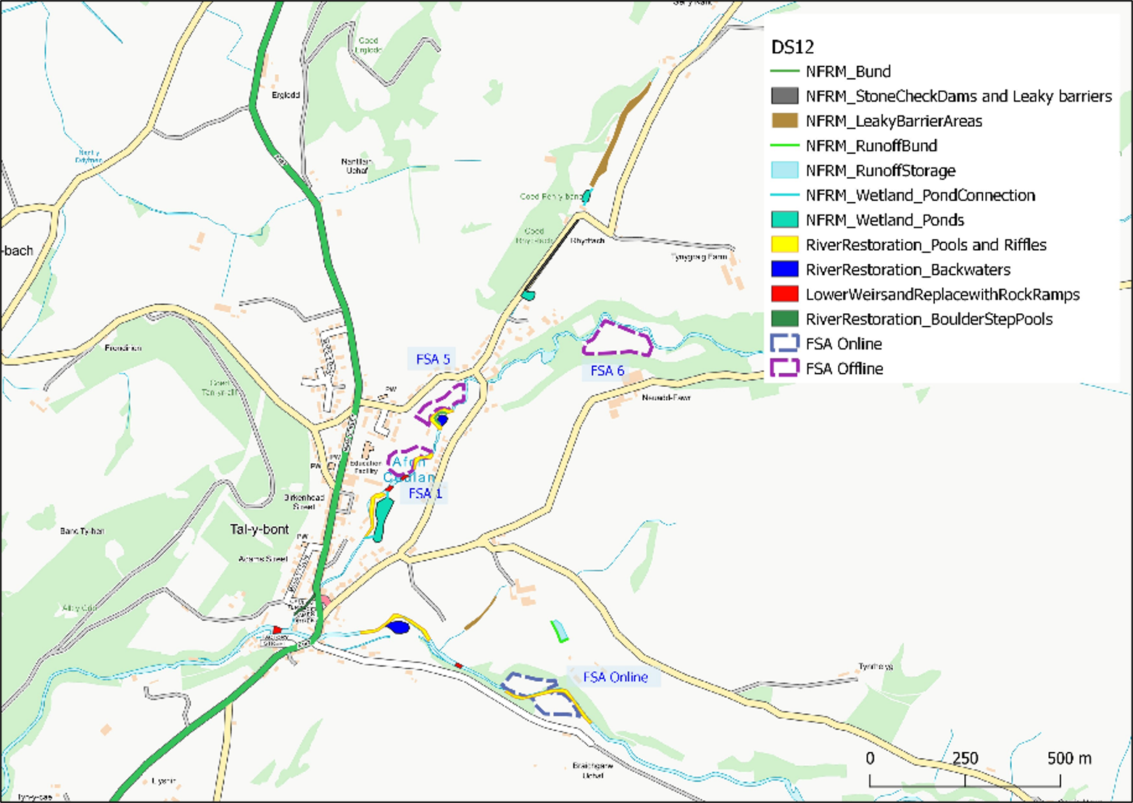 Map of Talybont area showing flood storage areas, Natural Flood Risk Management and River Restoration measures.