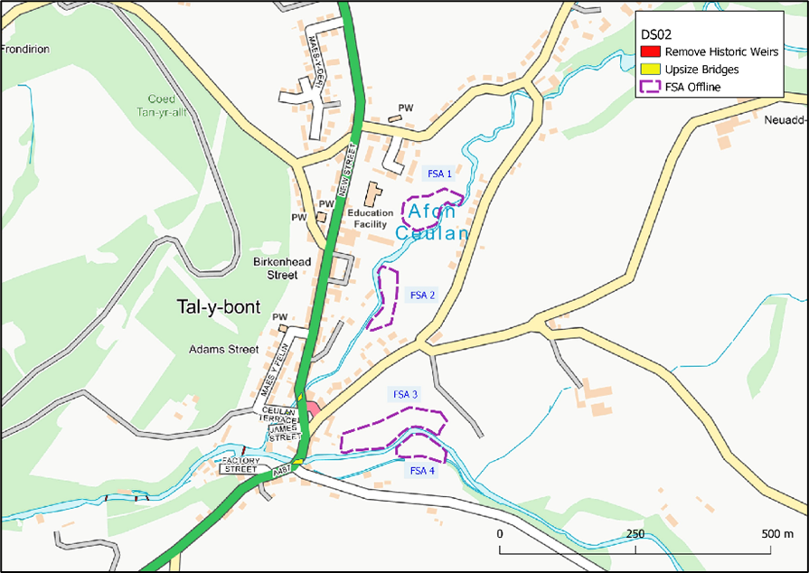 Map of Talybont area showing upstream offline flood storage areas on Rivers Leri and Ceulan, bridge capacity expansion and removal of existing weirs