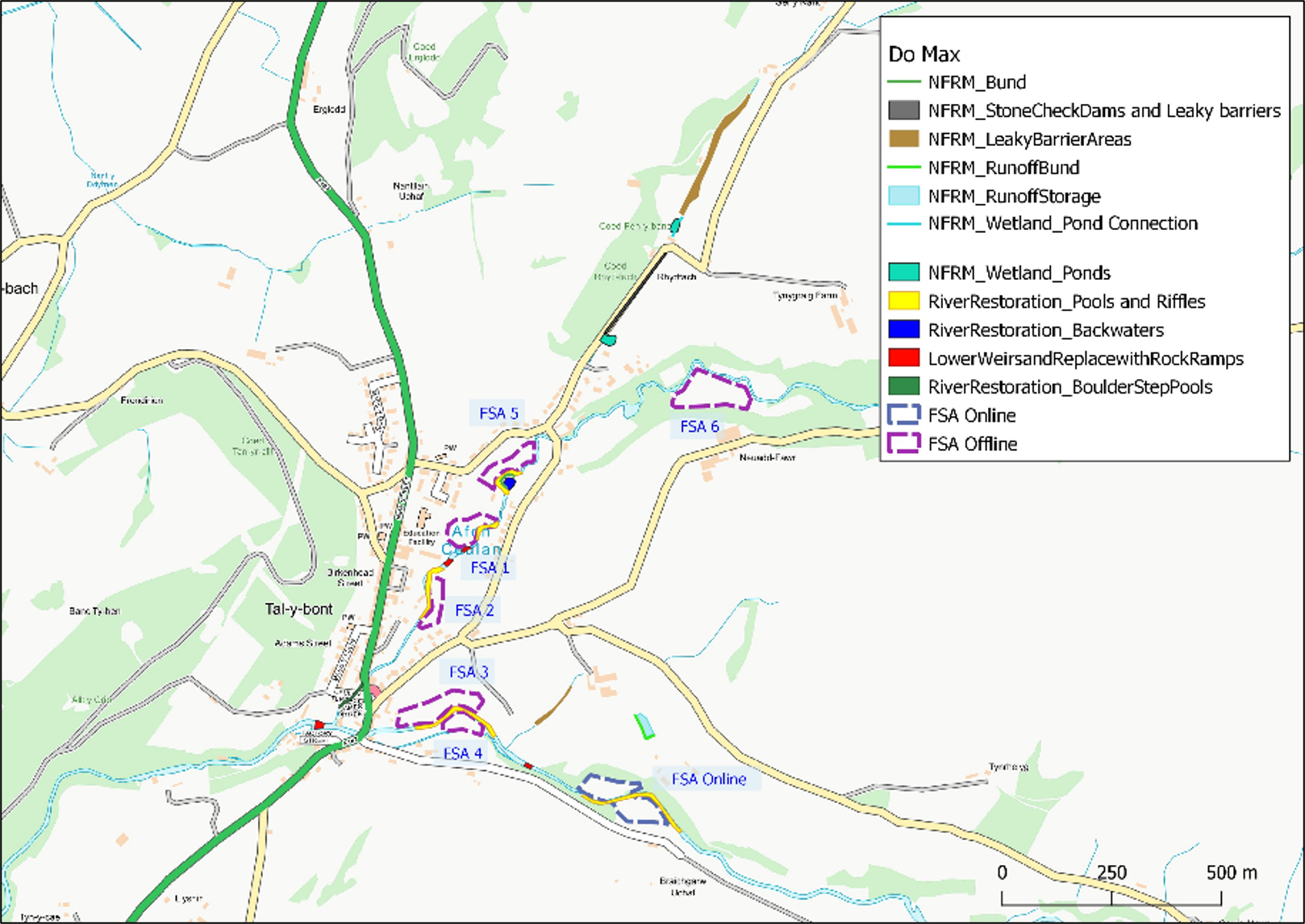 Map of Talybont area showing six flood storage areas and elements of Natural Flood Risk Management and River Restoration measures that do not clash with these areas.