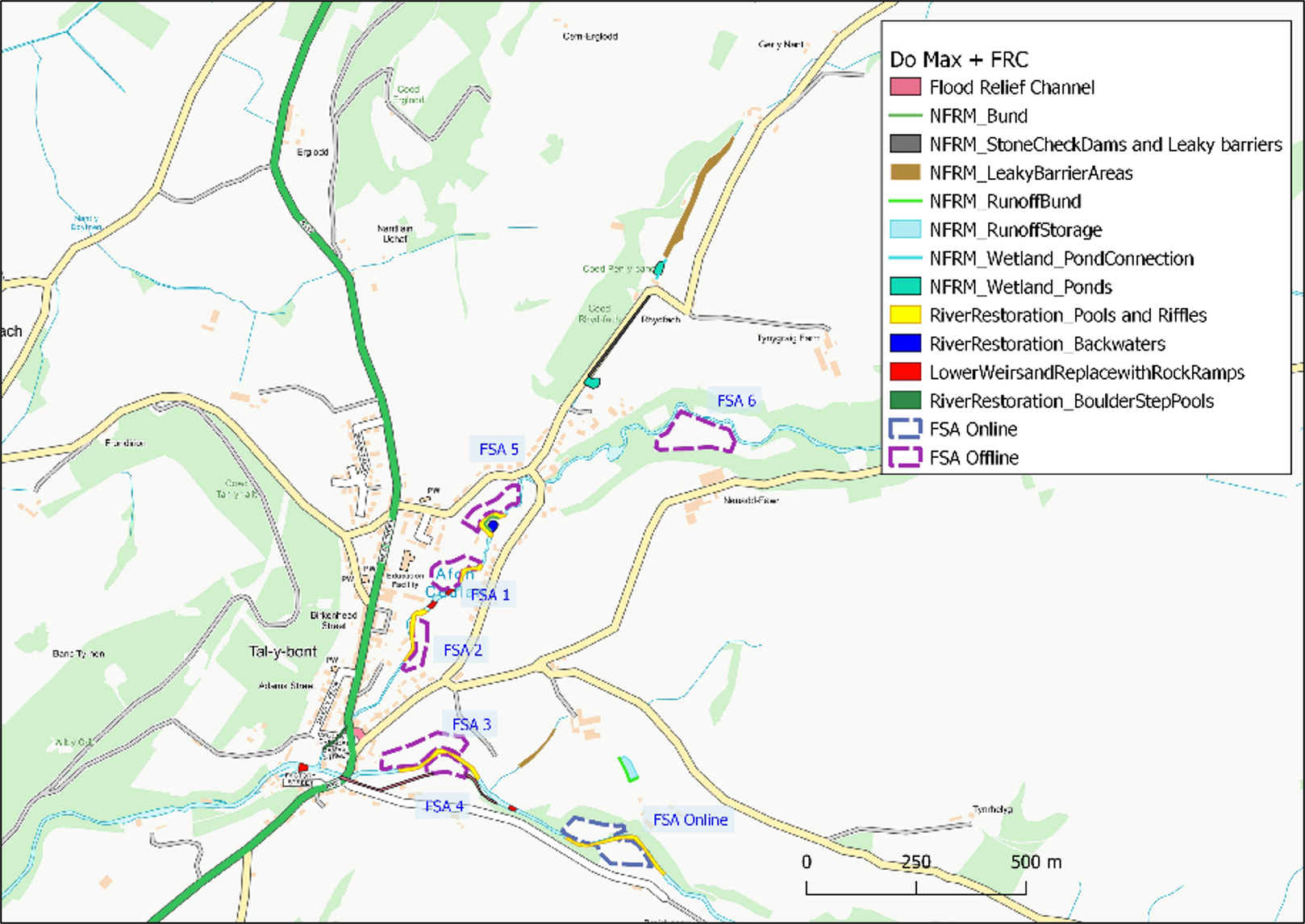 Map of Talybont area showing six flood storage areas, elements of natural flood risk management and river restoration measures that do not clash with these areas plus a flood relief channel.